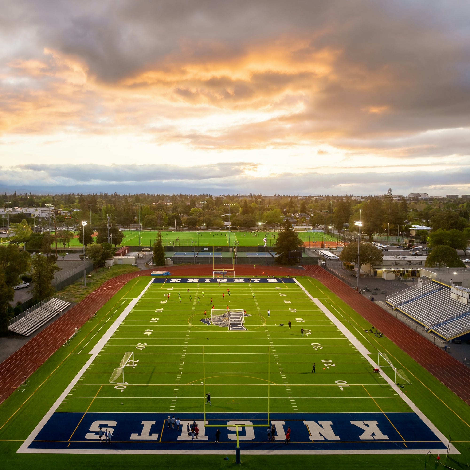 Football stadium at golden hour